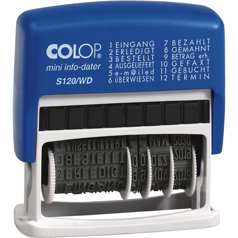 colop-wortbandstempel-mini-info-dater-s120/wd-12-texte-schrifthoehe-4-mm-druckfarbe-blau/rot