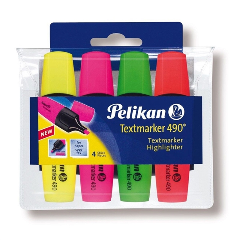 pelikan-textmarker-490/4-gelb-rosa-gruen-orange-etui-mit-4-stueck