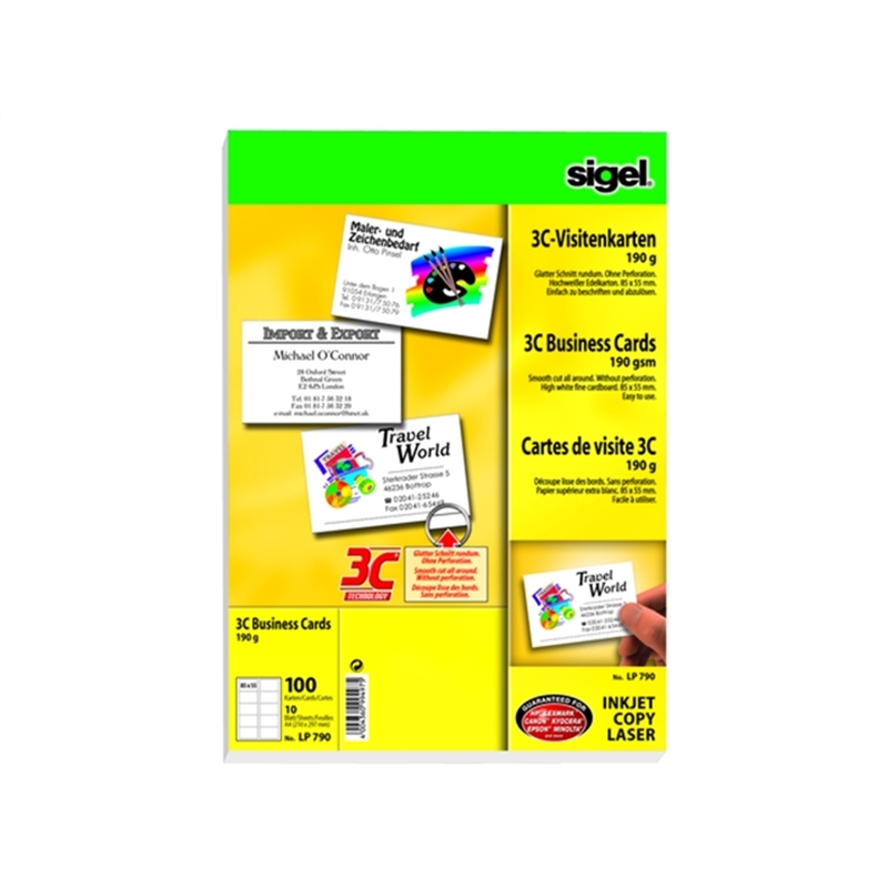 sigel-visitenkarte-3c-inkjet/laser/kopierer-edelkarton-190-g/m-85-x-55-mm-hochweiss-glatter-rand-100-stueck