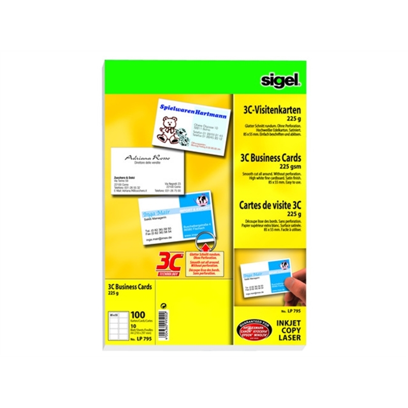 sigel-visitenkarte-3c-inkjet/laser/kopierer-edelkarton-225-g/m-85-x-55-mm-hochweiss-glatter-rand-100-stueck