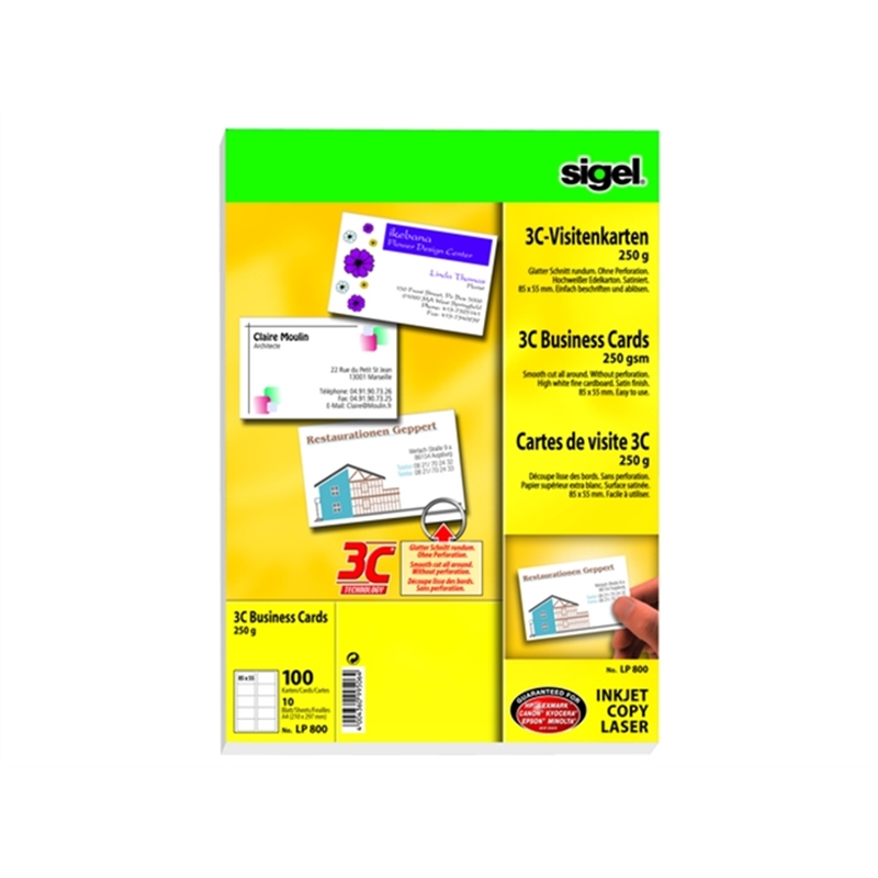 sigel-visitenkarte-3c-inkjet/laser/kopierer-edelkarton-250-g/m-85-x-55-mm-hochweiss-glatter-rand-100-stueck