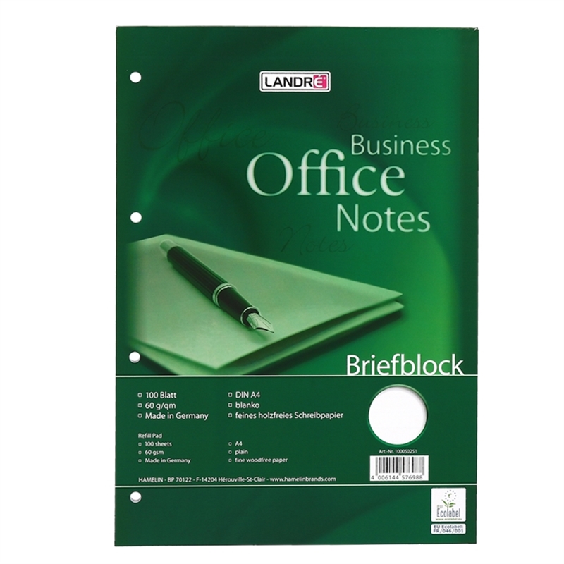 landr-briefblock-office-a4-100-blatt-60-g/m-4-fach-gelocht-lineatur-20-blanko