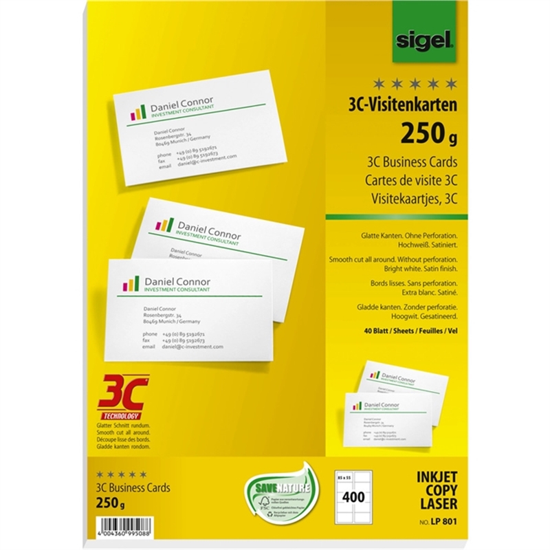 sigel-visitenkarte-3c-inkjet/laser/kopierer-edelkarton-250-g/m-85-x-55-mm-hochweiss-glatter-rand-400-stueck