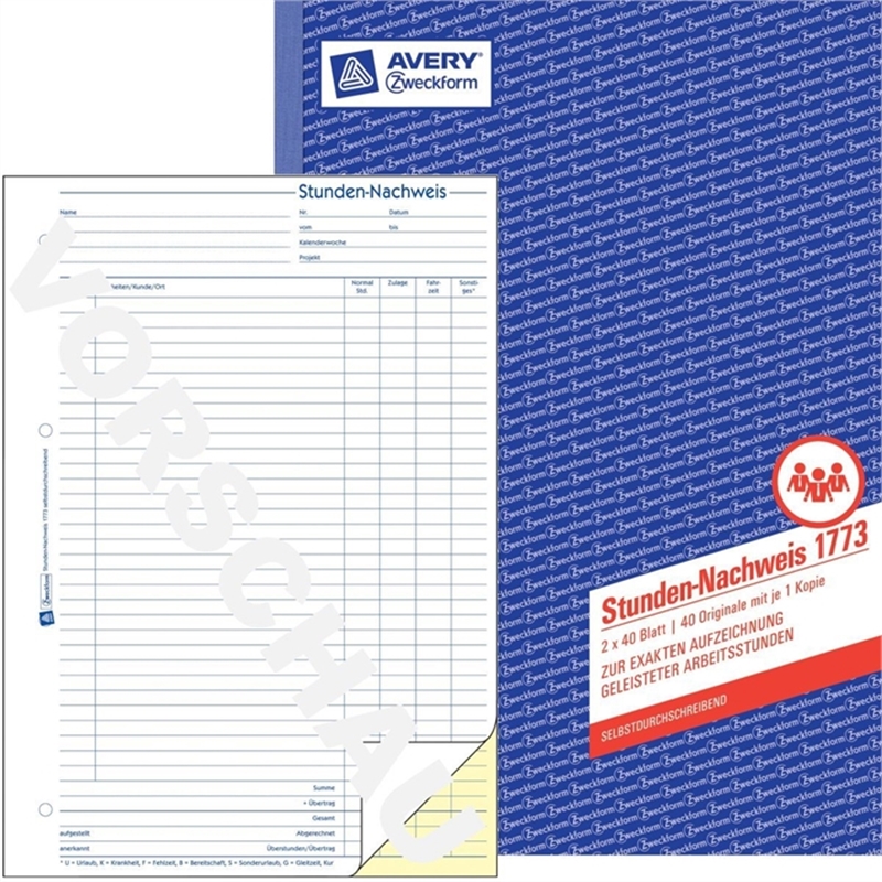 avery-zweckform-1773-stundennachweis-a4-hoch-2fach-selbstdurchschreibend-1-/-2-blatt-bedruckt-weiss-/-gelb-einbandfarbe-blau-2x40-blaetter-1-stueck