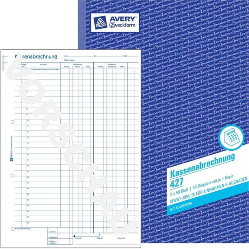 avery-zweckform-427-kassenabrechnung-fuer-einnahmen-/-ausgaben-a4-hoch-2fach-1-/-2-blatt-bedruckt-weiss-/-gelb-einbandfarbe-blau-2x50-blaetter