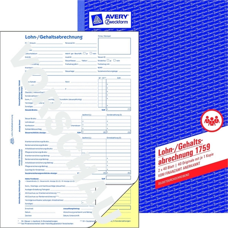 avery-zweckform-1759-lohnabrechnung-a4-2fach-selbstdurchschreibend-1-/-2-blatt-bedruckt-weiss-/-gelb-2x40-blaetter