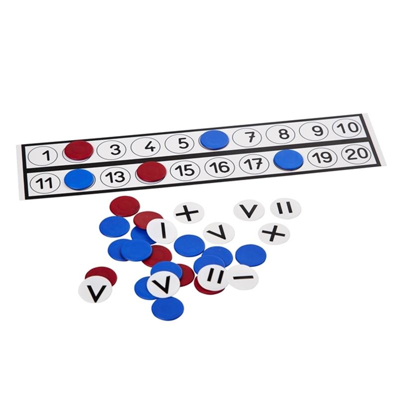 linex-zaehl-chips-und-brett-bestehend-aus-22-chips-in-rot-und-blau-10-arythmetischen-zeichen-und-einem-brett-das-brett-ist-auf-der-einen-seite-mit-z