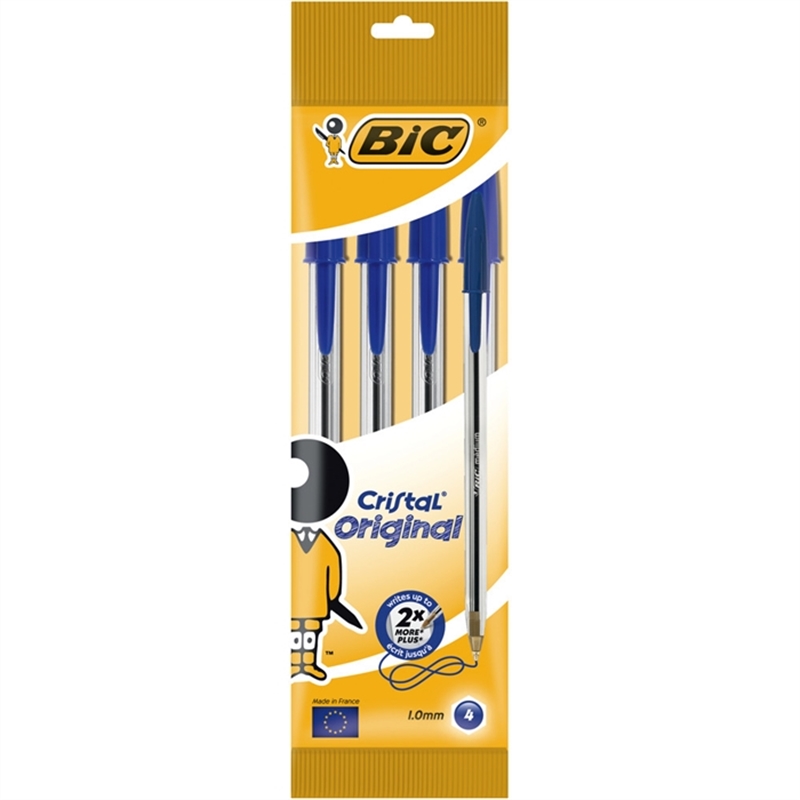 bic-kugelschreiber-cristal-0-4-mm-schaftfarbe-farblos-transparent-schreibfarbe-blau-4-stueck