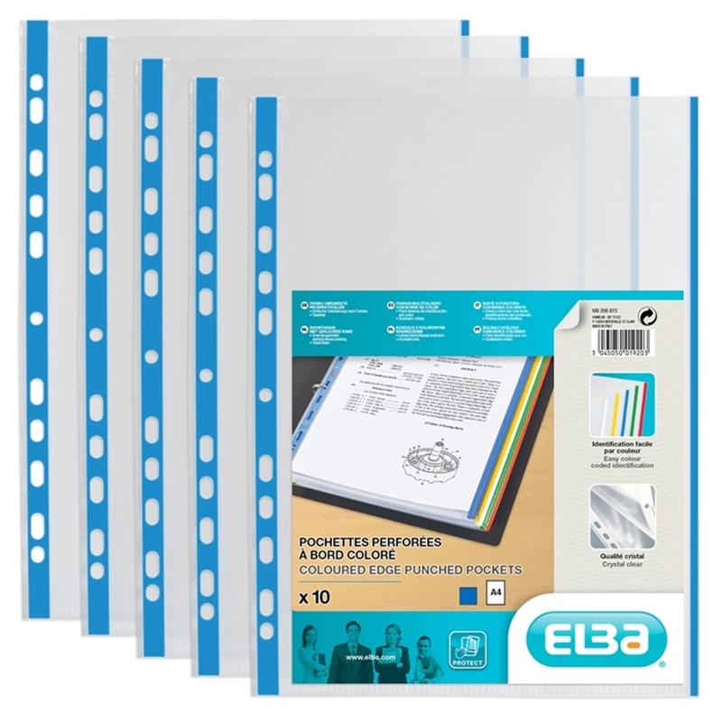 elba-prospekthuellen-a4-farbiger-rand-pp-90-glasklar-blendfrei-dokumentenecht-oben-offen-B149551