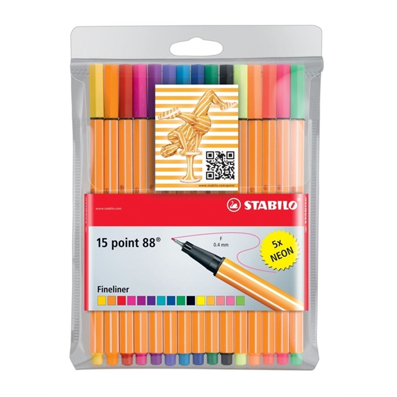 stabilo-fineliner-point-88-mit-kappe-0-4-mm-schreibfarbe-15er-sortiert-15-stueck