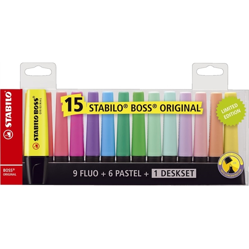 stabilo-textmarker-boss-original-teilweise-nachfuellbar-keilspitze-2-5-mm-schreibfarbe-15er-sortiert-15-stueck