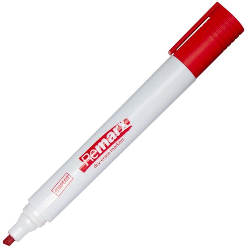 staples-boardmarker-keilspitze-1-5-3-mm-schaftfarbe-weiss-schreibfarbe-rot-10-stueck