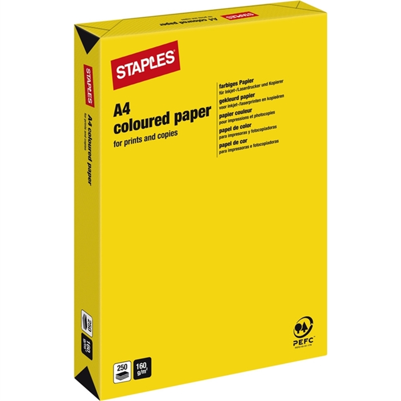 staples-multifunktionspapier-a4-160-g/m-yellow-/-kanariengelb-intensiv-250-blatt