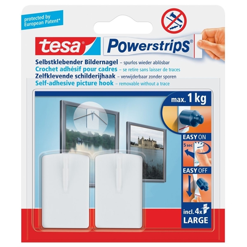 tesa-klebehaken-powerstrips-large-selbstklebend-abloesbar-weiss-2-naegel-/-4-strips-2-stueck