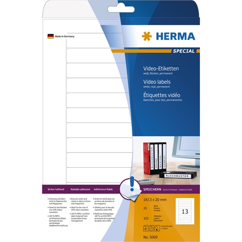 herma-etikett-video-ruecken-inkjet/laser/kopierer-selbstklebend-abgerundete-ecken-147-3-x-20-mm-weiss-325-stueck