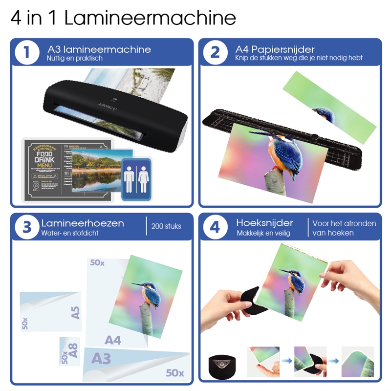 Bild von ACROPAQ AL390 - 4-in-1 Set: A3 Laminiergerät Schneidelineal Eckenrunder 200 Folien