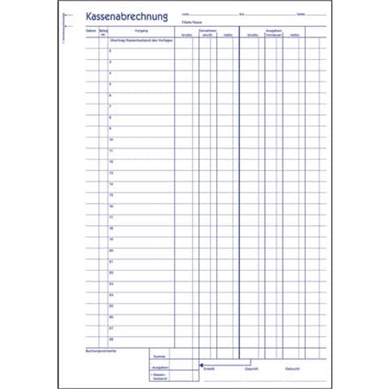 Bild von 1227 Kassenabrechnung - MwSt.-Spalte, A4, Recycling, Blaupapier, 2x 50 Blatt