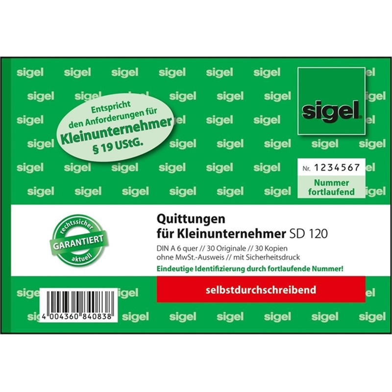 Bild von Sigel® Quittung für Kleinunternehmer oh. MwSt.-Ausweis- A6, MP, SD, 2 x 30 Blatt