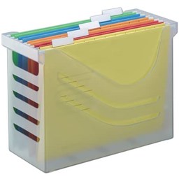 Bild von Hängemappenbox - weiß transluszent, gefüllt mit 5 farbigen Hängemappen A4