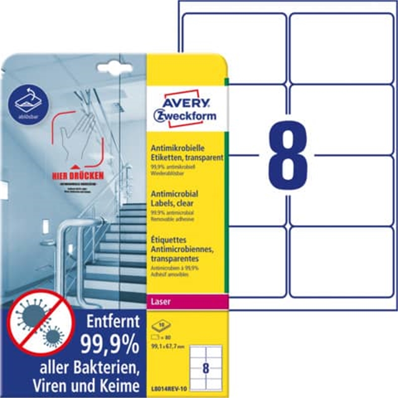 Bild von L8014REV-10 Antimikrobielle Etiketten - 99,1 x 67,7 mm ablösbar, transparent, 80 Stück